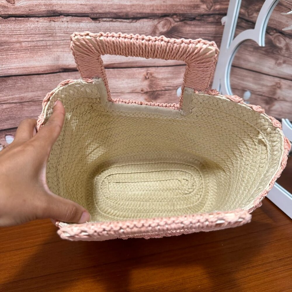 A New Day Paper Straw Handheld Small Tote Handbag Pink/Natural - Picture 6 of 8